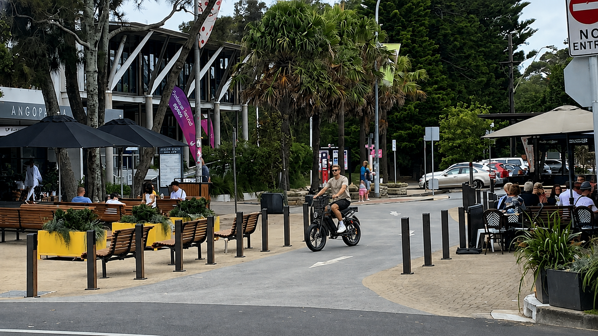 a man riding a lack dune volt electric bike through Avalon on the way back from the beach. He is riding past cafes and park benches. 